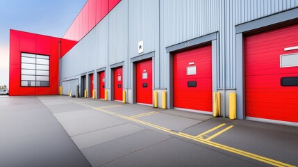 Obraz premium A modern warehouse with red loading doors and a sleek metal facade against a clear sky.