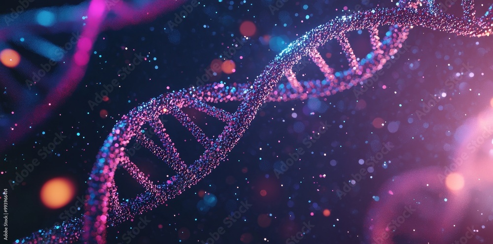 Poster an illuminated dna strand with bursts of particles symbolizing biotechnology