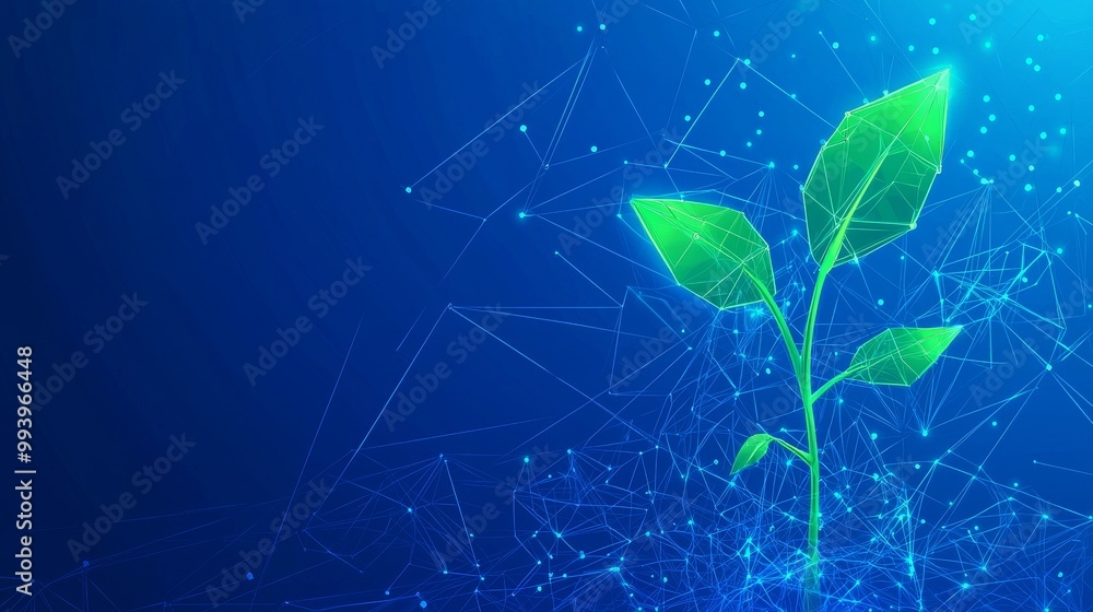 Leinwandbilder plant sprout isolated on a blue geometric background with wireframed light connection structures. th