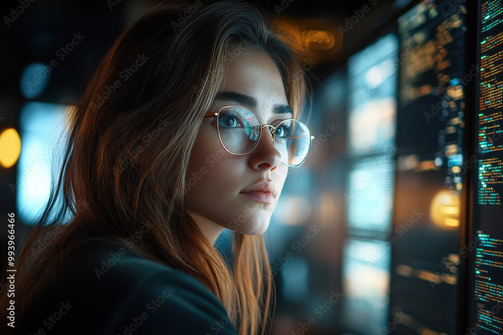 Aufkleber focused woman programmer in glasses working on computer screens