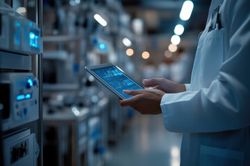 Scientist Analyzing Data on Tablet in High-Tech Laboratory
