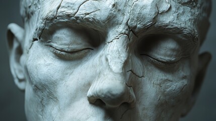 A statue of a man's face with a broken nose and eyes