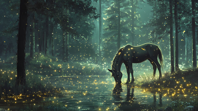 Fatigued centaur finds solace in a mystical glade, surrounded by dancing fireflies, embodying rest and the tranquil essence of fantasy and myth. Centaur. Illustration