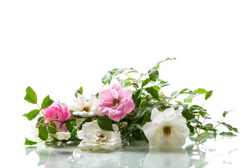 wooden light background with white and pink roses