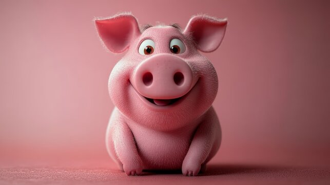 A cartoon pig with a big smile on its face is sitting on a pink background