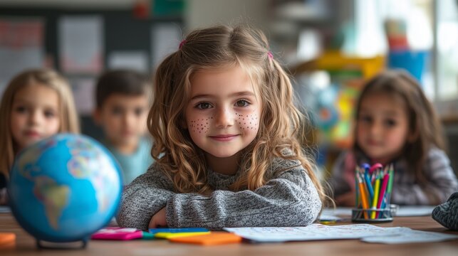 A young girl with curly hair smiles while practicing Braille at her desk in class