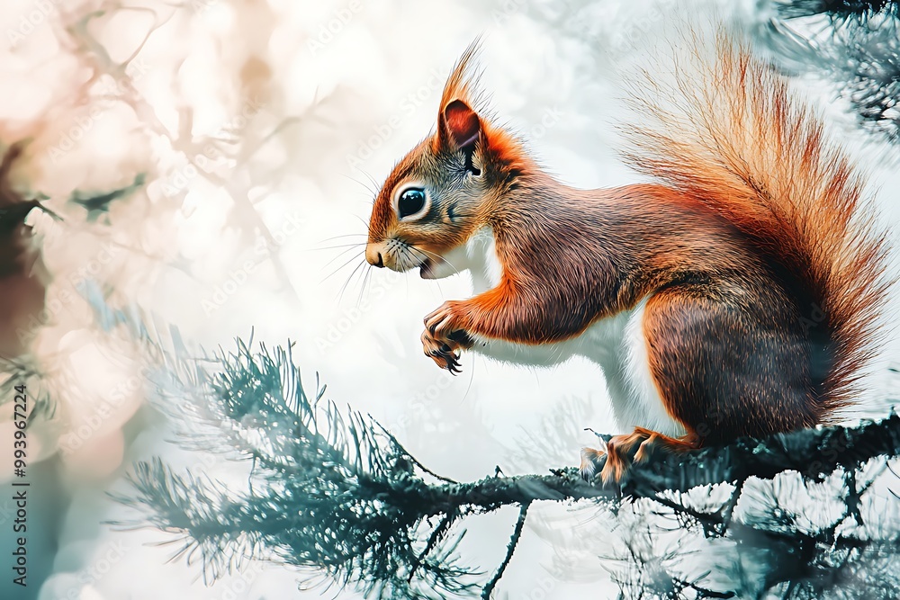 Canvas Prints Red Squirrel Perched on a Pine Branch.