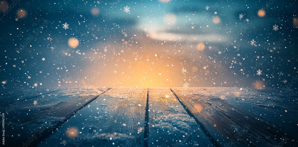 Poster winter display: wooden plank table with sparkling snow and brilliant explosion background