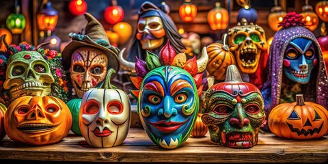 Fototapeta premium Colorful Halloween Masks Displayed on a Table Ready for Spooky Celebrations and Festive Events