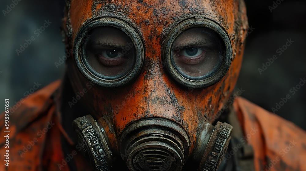 Wall mural close-up of a person wearing a rusty gas mask