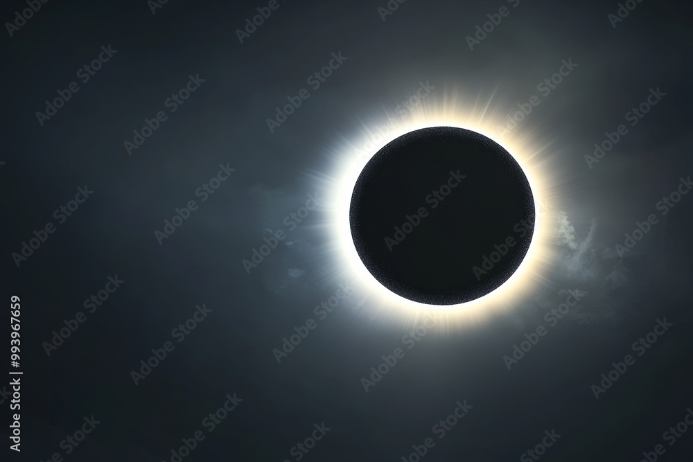 Poster There is a total solar eclipse. Sunbeams burst behind the moon and create the diamond ring effect.