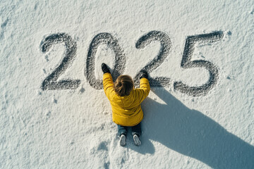 Child in yellow jacket writing '2025' in snow on a sunny day