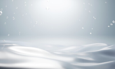 Luxury silver liquid background with soft waves and floating bubbles. Ideal for skincare, cosmetics, beauty products, and wellness branding presentations.