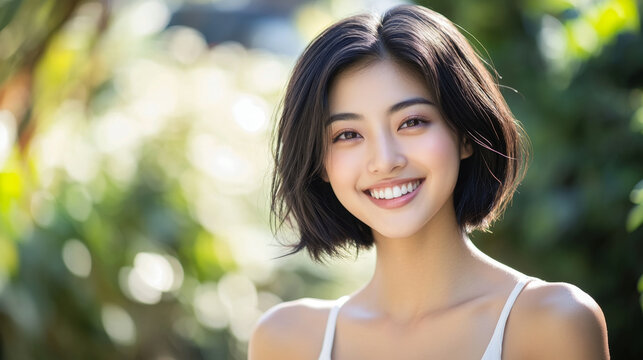 Smiling Asian woman with bob-cut hair enjoying the outdoors in a white tank top during daytime