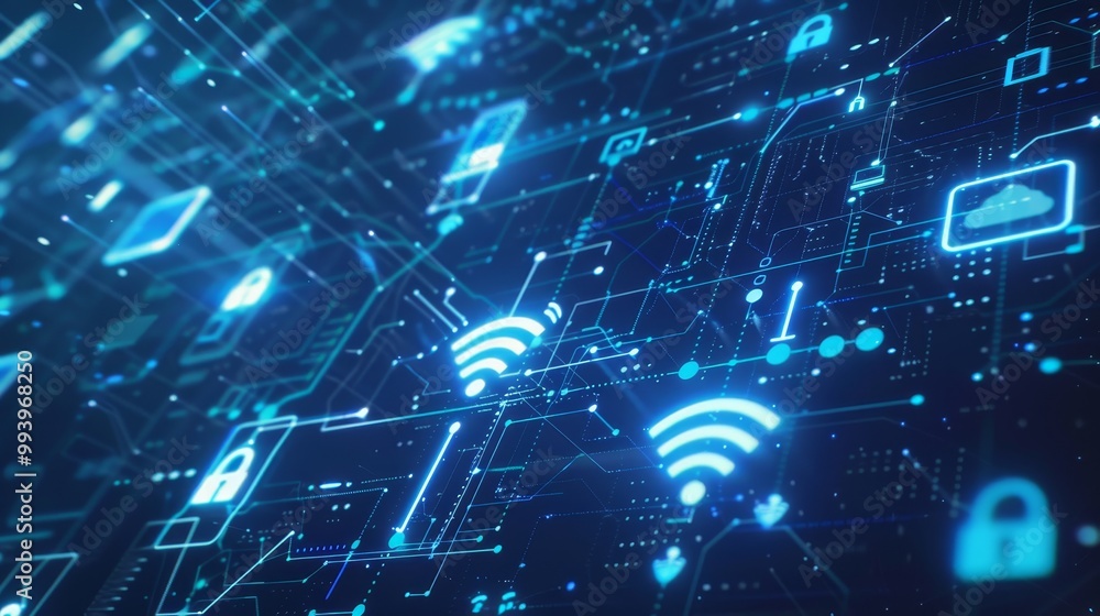 Aufkleber data protection and cyberspace media environment concept with digital blue interface with growing wi