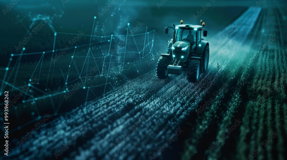 Poster Aerial view of a farm landscape with a tractor and a futuristic HUD drone user interface in the dark, showing grain in the processing process