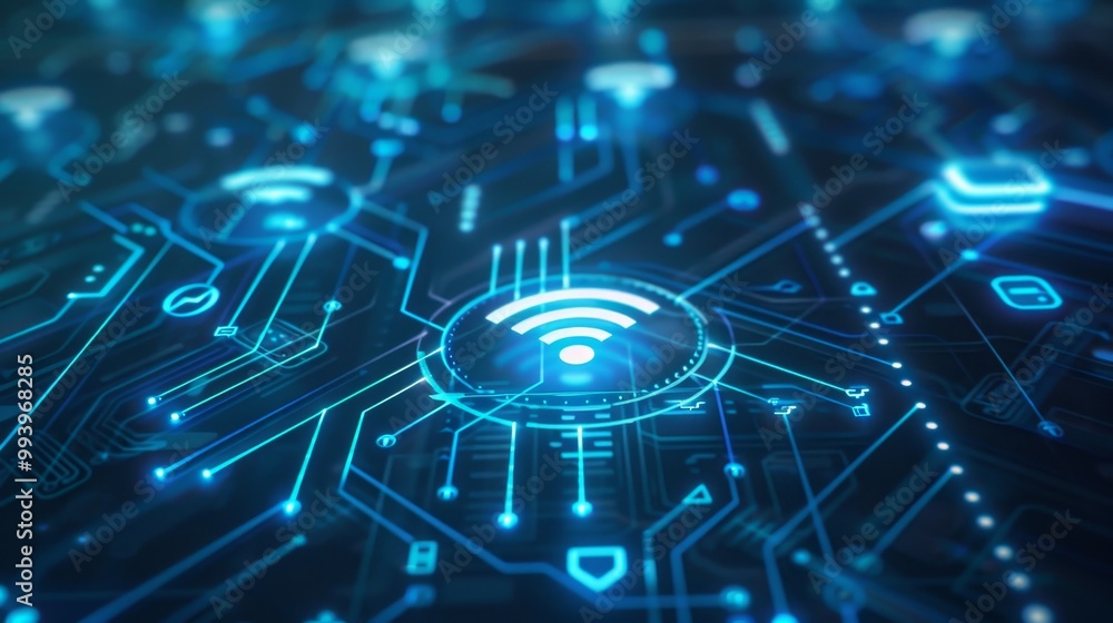 Poster Blue digital interface with WIFI icons and links growing. Cyberspace media environment concept. Seamless loop.