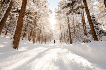 Winter Pathway Through Snowy Forest With Sunlight and Trees