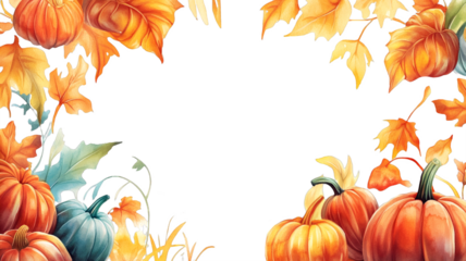 Frame of watercolor pumpkins and autumn leaves with transparent background. PNG template for autumn posters, Halloween and Thanksgiving cards with space for text
