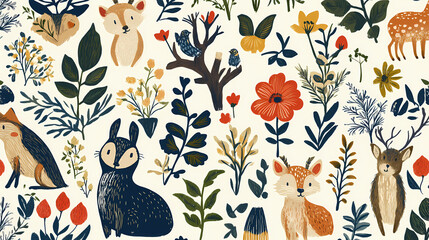 Forest animal and flower drawing folk art seamless pattern. scandinavian style. Folk Art. Illustration