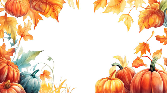 Frame of watercolor pumpkins and autumn leaves with transparent background. PNG template for autumn posters, Halloween and Thanksgiving cards with space for text