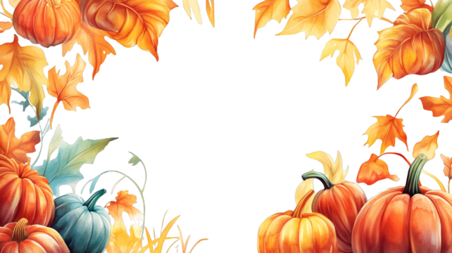Frame of watercolor pumpkins and autumn leaves with transparent background. PNG template for autumn posters, Halloween and Thanksgiving cards with space for text