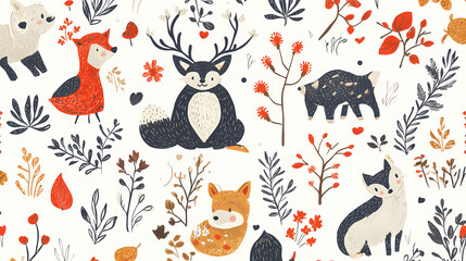 Forest animal and flower drawing folk art seamless pattern. scandinavian style. Folk Art. Illustration