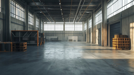 The interior of a big industrial building or factory with steel constructions Modern warehouse interior
