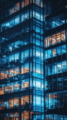 Obraz premium Office buildings in night,The glass facades of a modern skyscrapers at night,architectural,Fragment of the glass facade of a corporate building,business district,Concept of economics, financial.