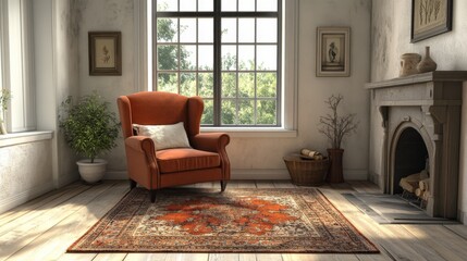 3D Interior Design of a Virtual Room with Brown Armchair, Rug, and Fireplace. White Walls and Wooden Floorboards.