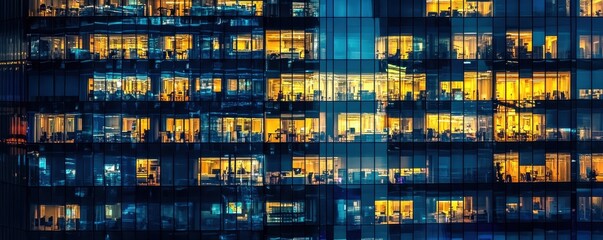 Office buildings in night,The glass facades of a modern skyscrapers at night,architectural,Fragment of the glass facade of a corporate building,business district,Concept of economics, financial.