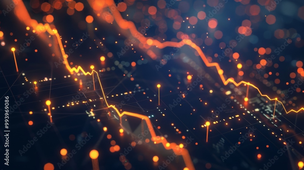 Poster Animation of the growth of a graph and success arrow of a currency rate or income. Economic infographics with global data statistics. Motion background with changing dots on the curve.