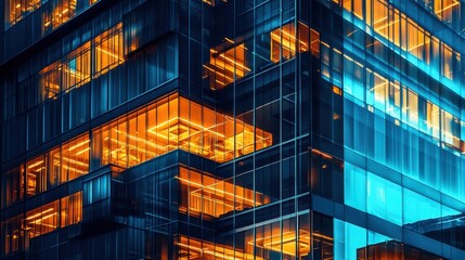Obraz premium Office buildings in night,The glass facades of a modern skyscrapers at night,architectural,Fragment of the glass facade of a corporate building,business district,Concept of economics, financial.
