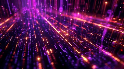 A 3D animation of seamless looping orange purple digital glitch and hex code over a black background. This is a concept for a neon sci-fi data flow scheme in a digital head up display.