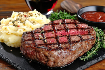 Juicy Grilled Steak with Mashed Potatoes and Red Wine