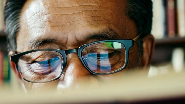 Old Asian man with eyeglasses reading the book in a library. Wisdom shines as he reads quietly in the tranquil library.
