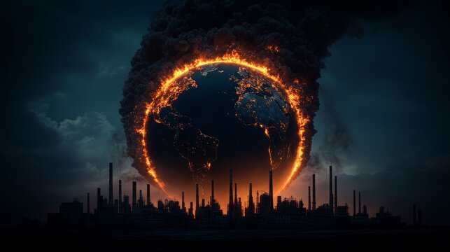 Apocalyptic Earth in Flames Dark Sky, Industrial Chaos - Climate Change Concept