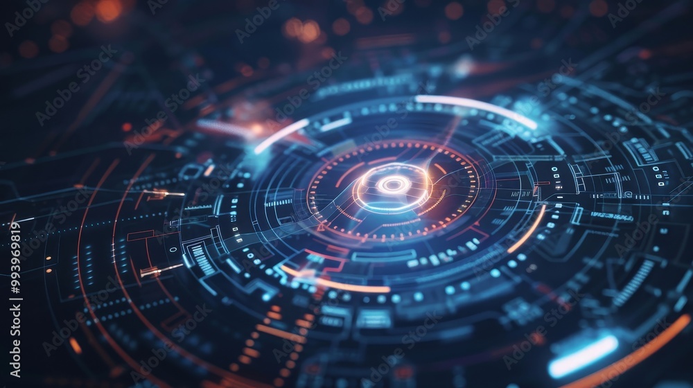 Poster For future cyber technologies, a circle-shaped head-up display interface target pointer element featuring dark and grainy processing is used