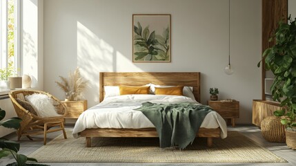 3D Render of Modern Bedroom with White Wall, Green Accent, and Wooden Headboard. Minimalist Design with Decorative Paintings.