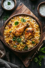 Close-up of a bowl of Chicken Biryani with coriander garnish.