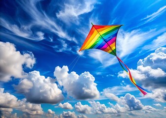 Colorful kite soaring high in a clear blue sky with fluffy clouds and a gentle breeze for outdoor