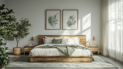 3D Render of Modern Bedroom with White Wall, Green Accent, and Wooden Headboard. Minimalist Design with Decorative Paintings.