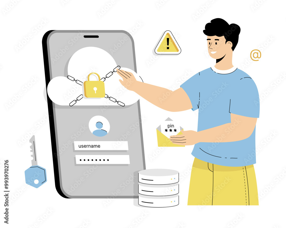 Aufkleber cloud computing concept. secure connection, storage and cloud technology. man enters a pin, login, p