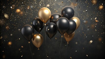 Gold black balloon confetti background for graduation birthday happy New Year opening sale concept usable for banner poster brochure ad invitation flyer template.
