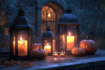 Obraz premium Halloween party background, full moon night illustration, Halloween pumpkin ghost, abandoned house, cemetery, bat, scary tree and Halloween elements Scary website Banner template Vector illustration