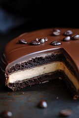 Delicious Chocolate Cake with Coffee Beans on Top, Cut in Half to Reveal Layers of Cream and Sponge.