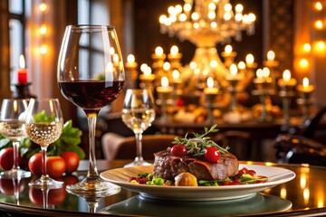 Fototapeta premium Fine dining experience comes alive with the gentle glow of crystal chandeliers illuminating a sumptuous table setting, featuring a bottle of full-bodied Burgundy wine