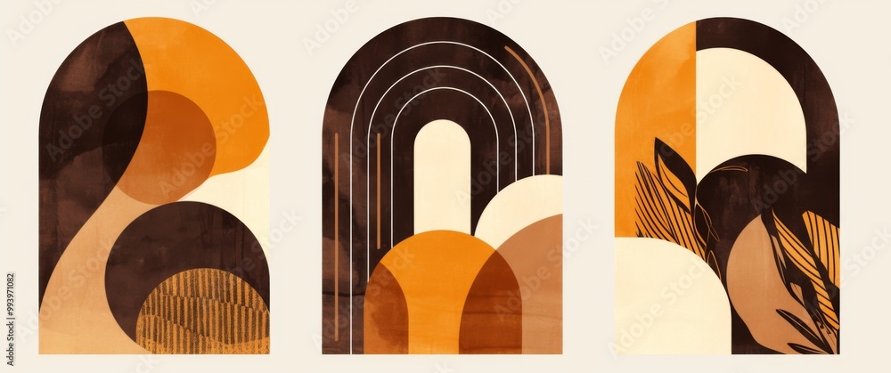 Poster set of three minimal boho abstract geometric shapes featuring lines and arches in neutral beige tone