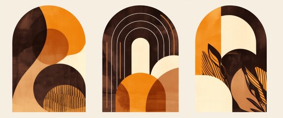 Set of three minimal boho abstract geometric shapes featuring lines and arches in neutral beige tones