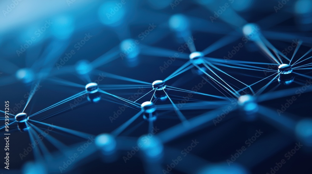 Poster abstract connection of digital nodes and lines in blue-toned background.